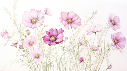Obraz na płótnie Canvas Pink flowers watercolor art painting for banner, poster, Web and packaging. Spring floral background. AI illustration.