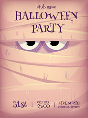 Halloween vertical background with cute mummy. Eyes in bandages. Halloween party flyer or invitation template.