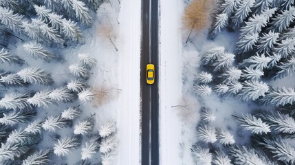 Top drone view of a road in a snow covered forest in the winter. Ai generative art