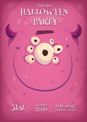 Halloween vertical background with cute pink monster with lots of eyes. Halloween party flyer or invitation template. - 630655999