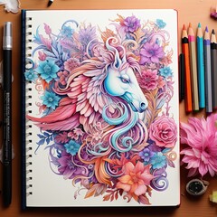 Floral intricate drawing of pegasus in an artistic notebook made of multicolored paper. Created by AI.