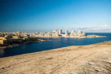 City view with historical, mediteeran architecture. View from Valletta to Sliema