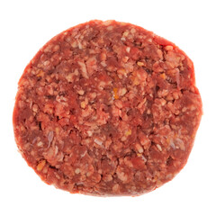 Single raw hamburger patty top view isolated on a white background.