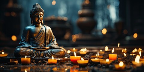 Buddha statue in lotus position on the background of magic candles. Created by AI.