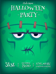 Halloween vertical background with cute frankenstein. Halloween party flyer or invitation template.