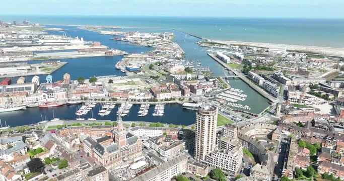 Aerial drone view of the port of Dunkirk, France.