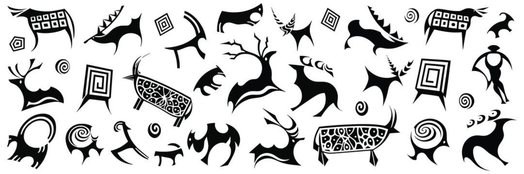 A series of petroglyphs, rock paintings of Central Asia, isolated on white background, vector design