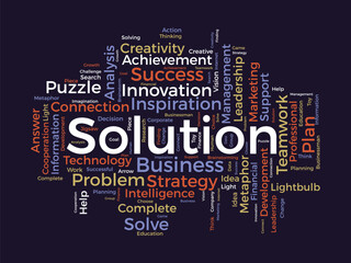 Word cloud background concept for Solution. Planning strategy, creativity solution and development, inspiration leadership, Innovative of new ideas. vector illustration.
