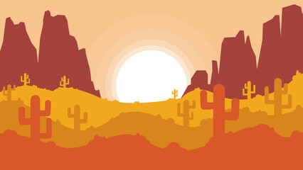 Sunset in the desert, flat design illustration, landscape background