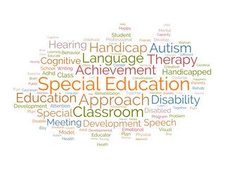 Word cloud background concept for Special Education. Disability development, special child behavior of development approach plan. vector illustration.