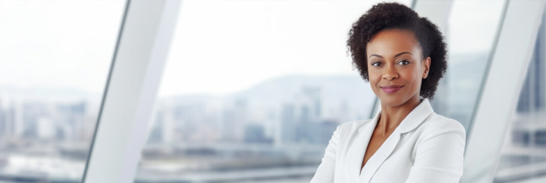 Portrait of african american businesswoman in modern office. panoramic banner.