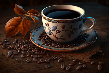 Fototapeta premium Cup of coffee and coffee beans on a saucer, perfect for a coffee lover. A cup of coffee on a saucer next to coffee beans