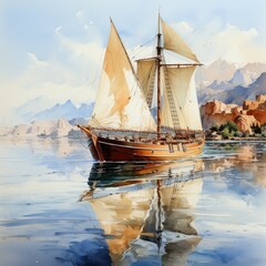 A sailboat sailing on a calm sea floating into a bay