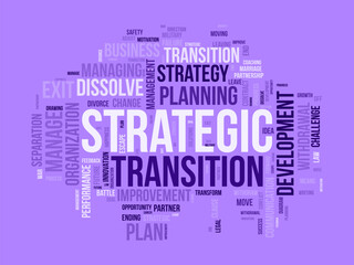 Word cloud background concept for Strategic transition. Business planning progress for change future goal. vector illustration.