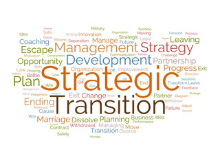 Word cloud background concept for Strategic transition. Business planning progress for change future goal. vector illustration.