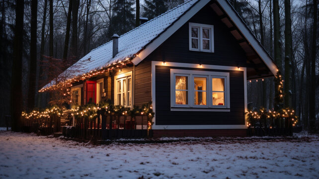 A small cottage in the forest all lit up for christmas, christmas image, photorealistic illustration