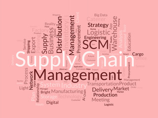 Word cloud background concept for supply chain management (SCM). inventory business, manufacturing industry system of business network. vector illustration.