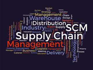 Word cloud background concept for supply chain management (SCM). inventory business, manufacturing industry system of business network. vector illustration.
