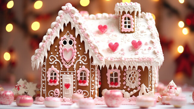 A close-up of a gingerbread house, christmas image, photorealistic illustration