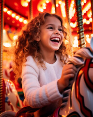 Fototapeta na wymiar A close up portrait of a young girl riding a candy cane carousel, christmas image, photorealistic illustration