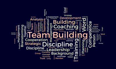 Word cloud background concept for Team building. Motivation coaching management with business assessment. vector illustration.