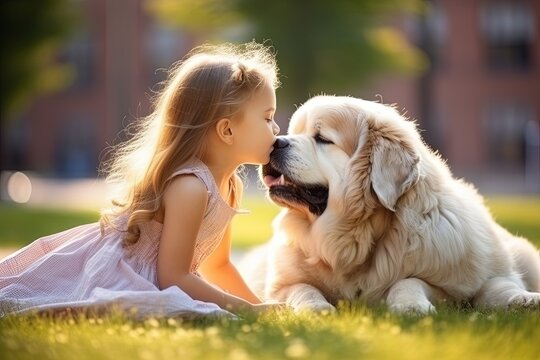 Little girl kissing her best friend, a big dog in nose outdoors. Love to pets concept.