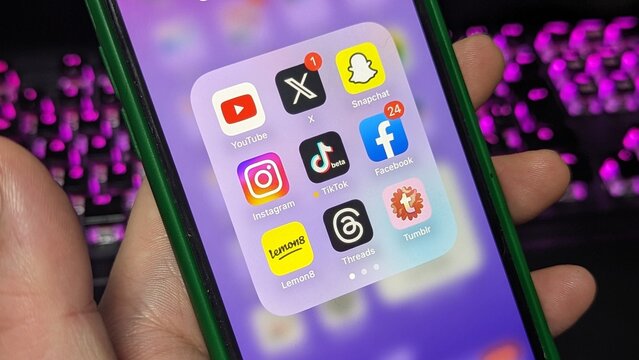 YouTube/X(Twitter)/Snapchat/Instagram/TikTok/Facebook/Lemon8/Threads/Tumblr. Social media apps on the screen of smartphone.