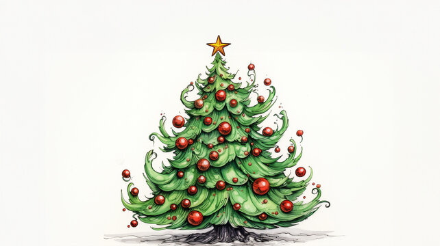 A drawing of a christmas tree, christmas image, cartoon illustration art