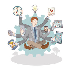 Multitasking worker performing different tasks in the same time. Time organization and management concept. Flat vector illustration in blue colors in cartoon style