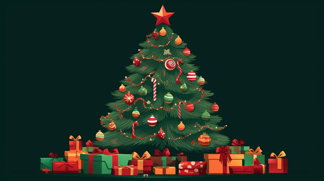 Christmas tree with gifts surrounded by present vector, christmas image, cartoon illustration art