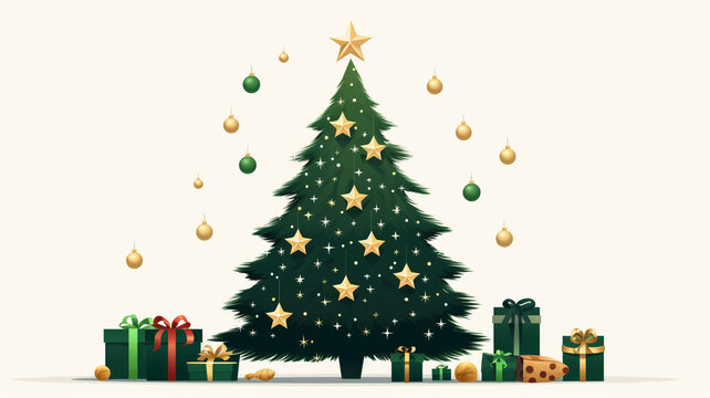 Christmas tree with gifts on white background, christmas image, cartoon illustration art
