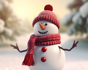 3d illustration of a snowman wearing a red scarf and hat, christmas image, 3d illustration images