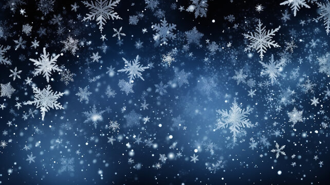 Snowflakes falling over a black blue background, christmas image, photorealistic illustration