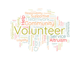 Word cloud background concept for volunteer. Charity support, community help work, care of humanitarian support service. vector illustration.