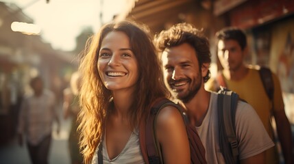 Obraz premium Happy and loving couple in sunshine and sunbeams traveling on summer vacation | Generative AI