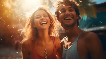 Happy and loving couple in sunshine and sunbeams traveling on summer vacation | Generative AI