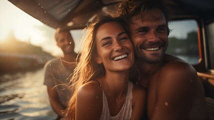 Happy and loving couple in sunshine and sunbeams traveling on summer vacation | Generative AI