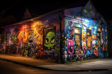 halloween graffiti monsters on a wall on a house at night