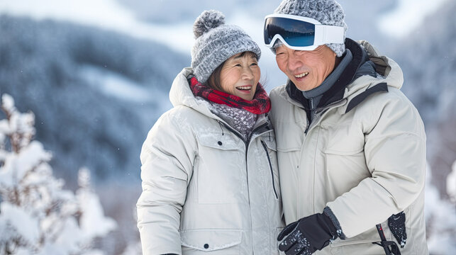 Happy Asian Mature Couple Skiing In The Alps Mountains. Senior Man And Woman Enjoying Ski Vacation In Alpine Resort. Active Retirement. Healthy Winter Sport For Every Age.