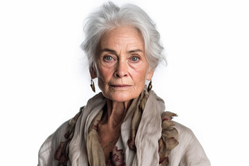 close-up portrait of a beautiful senior woman with gray hair . Self care and mental health concept. 