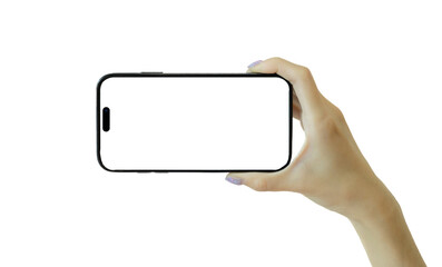 Hand holding black smartphone with rotate screen mockup and isolated on transparent background , PNG file smartphone application design concept.