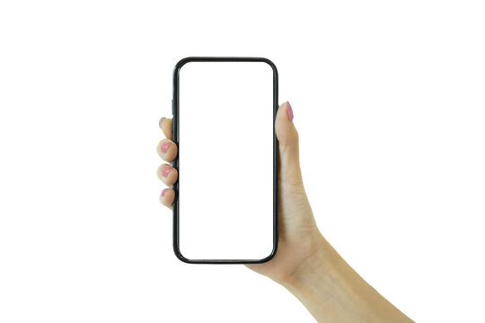 Hand holding Smartphone as png photo and isolated on transparent background for your mobile phone app or web site design, PNG image