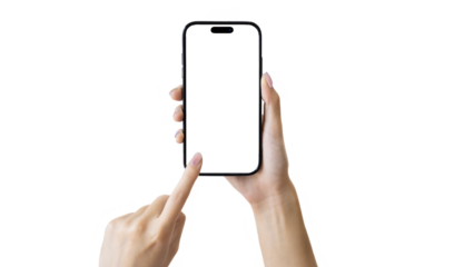 Hand holding smartphone and finger pointing on blank screen isolated on transparent background cutout, PNG file. Mockup template for artwork design.