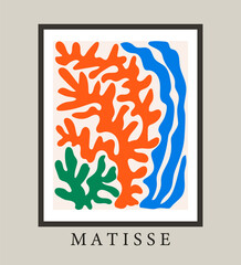 abstract Matisse coral poster in blue orange and green. Contemporary floral collage, organic shapes, modern hand drawn wall decor, Matisse art print, vector art