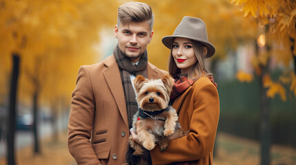 Naklejka na ściany i meble Portrait of beautiful couple in stylish clothes with dog in her arms walking around the city with serious face and hugging a pet.