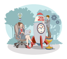 Female with new ideas working on laptop. Man standing near and manage time. Time organization and management concept. Flat vector illustration in blue colors in cartoon style