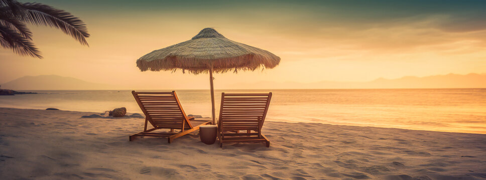 Two chairs on a beach under an umbrella. Summer vacation concept illustration.