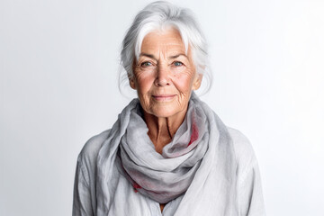 close-up portrait of a beautiful senior woman with gray hair . Self care and mental health concept. 