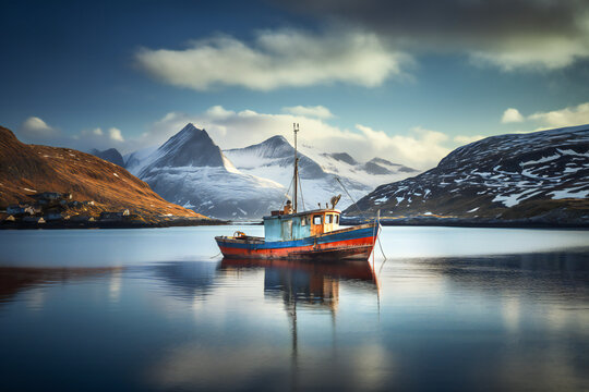 A fishing boat on the North Sea, with snowy mountains in background