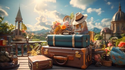 Suitcase for a illustration of a trip around the world with nice weather, blue skies and adventures holidays | Generative AI